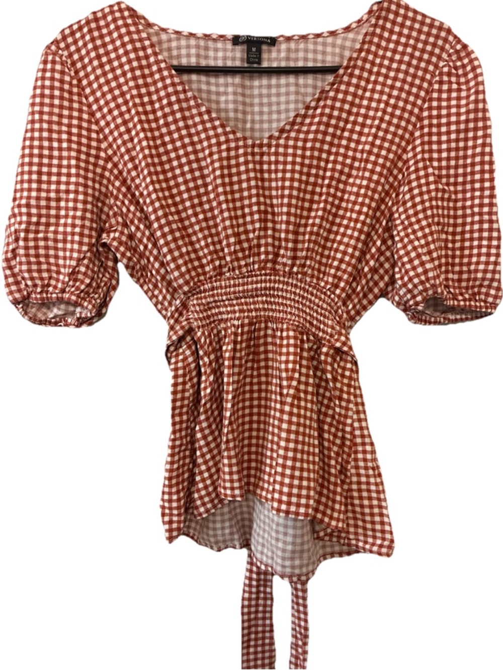 Versona Gingham Peplum Top Medium Puff Sleeve Tie Back